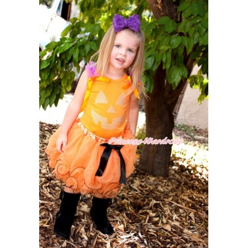 Halloween Orange Baby Pettitop with Sparkle Crystal Glitter Bling Pumpkin Print with Dark Purple Ruffles & Orange Bow with Black Bow Orange Petal Newborn Pettiskirt NO15 